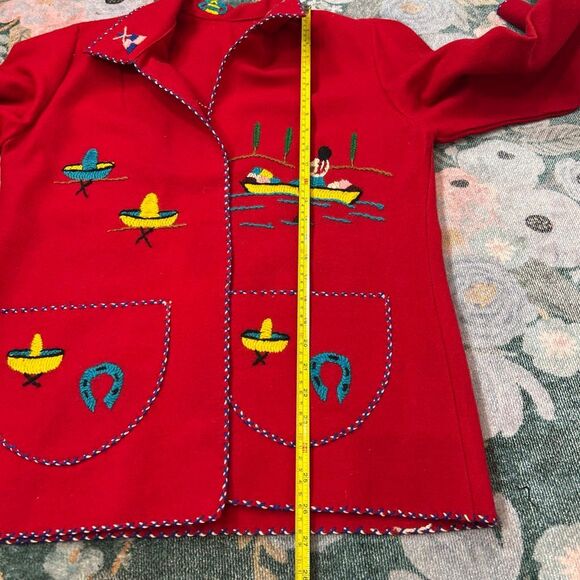 Vintage Handmade Tourist Jacket Womens Medium Red Embroidered Mexican Folk Art - Picture 7 of 13